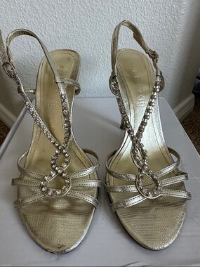 ALDO Metallic Gold Crystal T-Strap Heels - Size 6